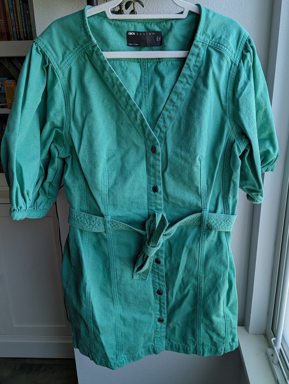 ASOS Green Denim Puff Sleeve Dress Size 14 | 100% Cotton Button Front Mini